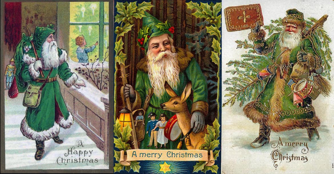 A Victorian card of Father Christmas in a green robe at a snowy window, with a child waving inside.